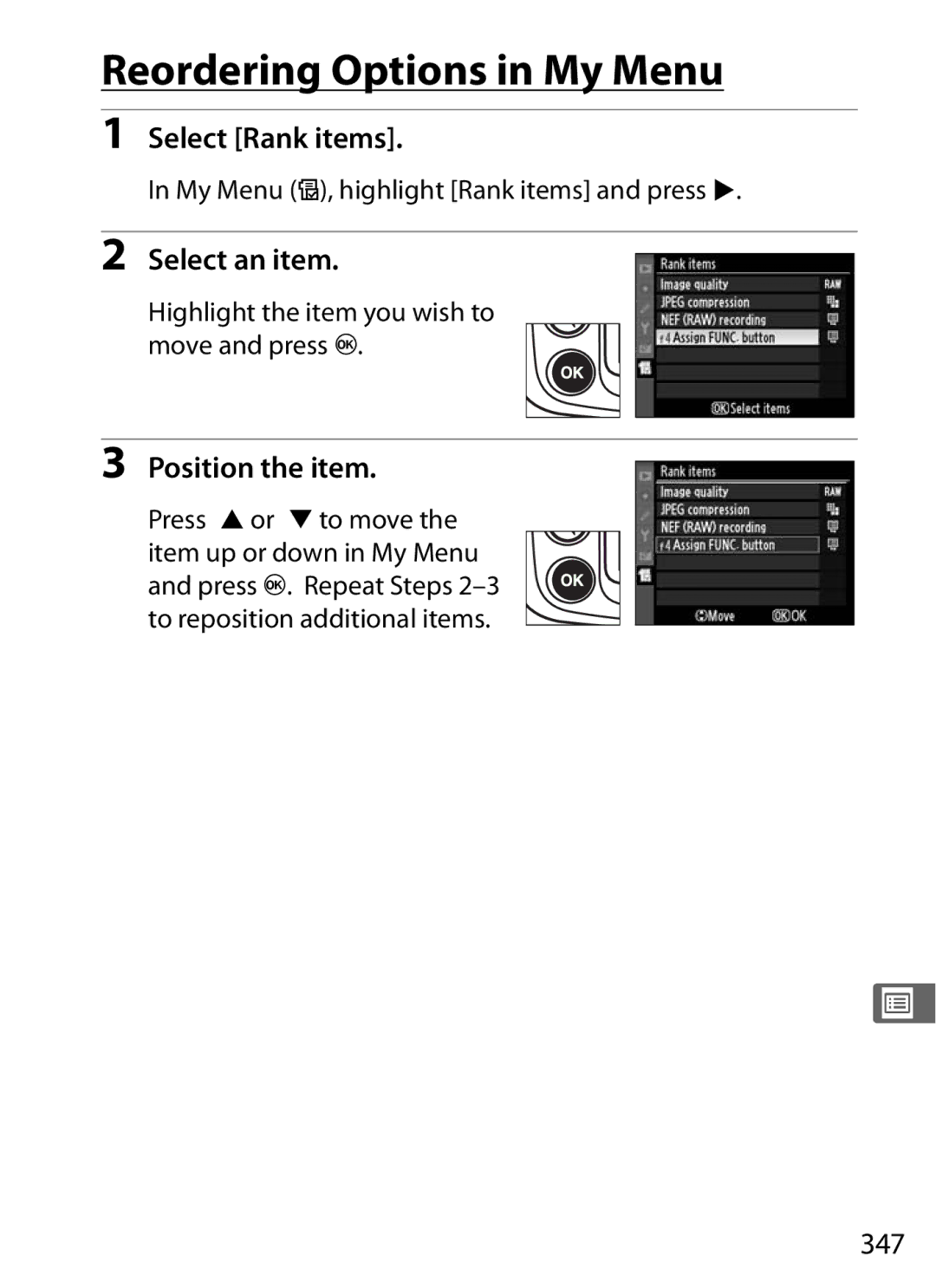 Nikon D300BODY, D300OUTFIT, 920162 user manual Reordering Options in My Menu, Select Rank items, Position the item, 347 