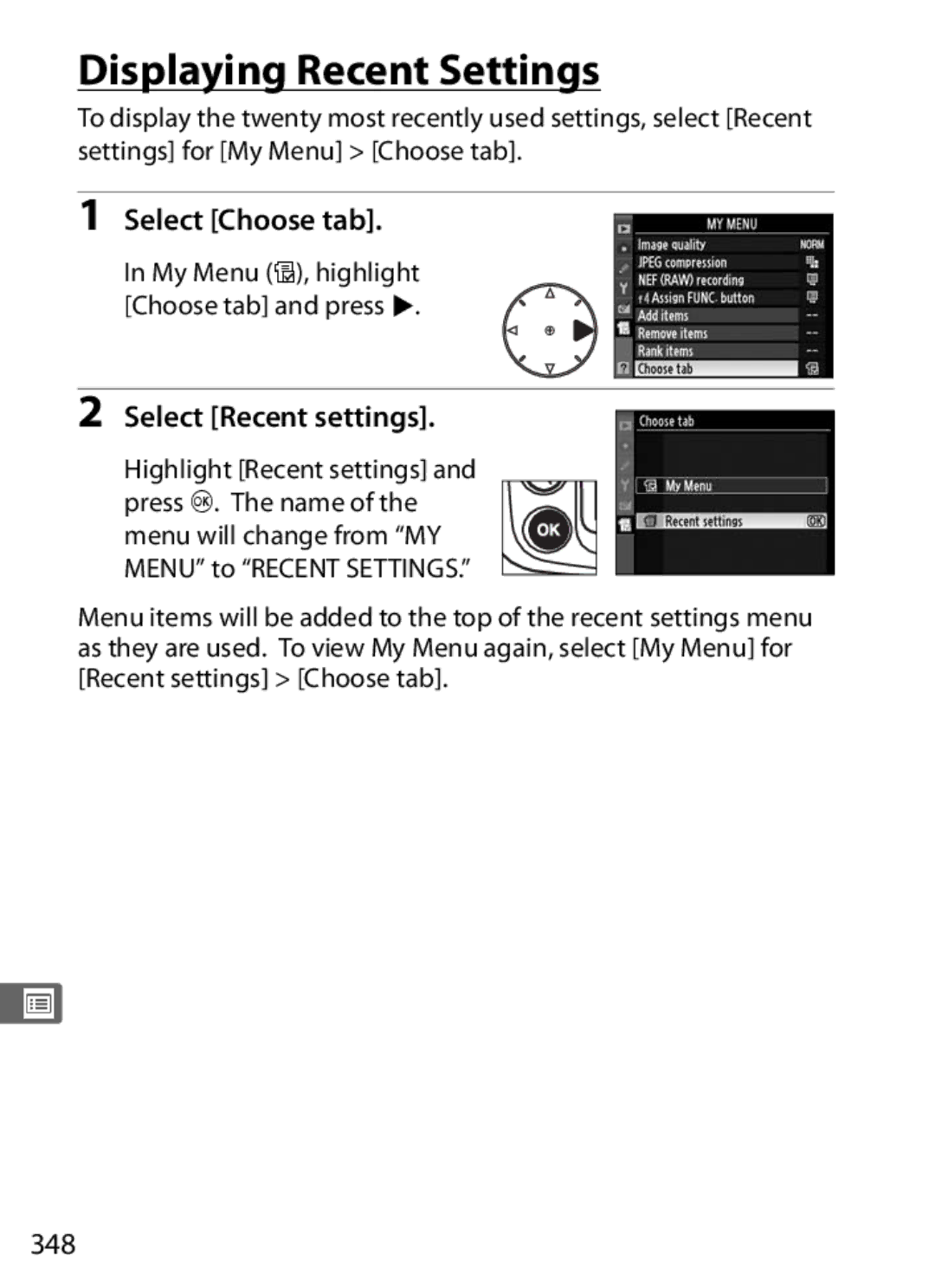 Nikon 920162 Displaying Recent Settings, Select Choose tab, Select Recent settings, 348, Highlight Recent settings 