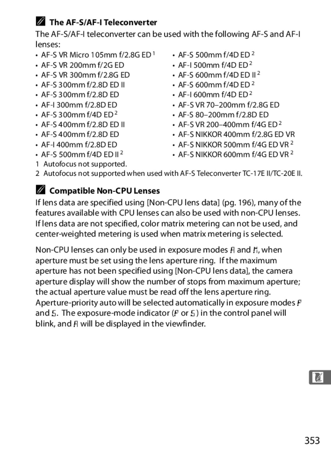 Nikon D300BODY, D300OUTFIT, 920162 user manual 353, AF-S/AF-I Teleconverter, Compatible Non-CPU Lenses 