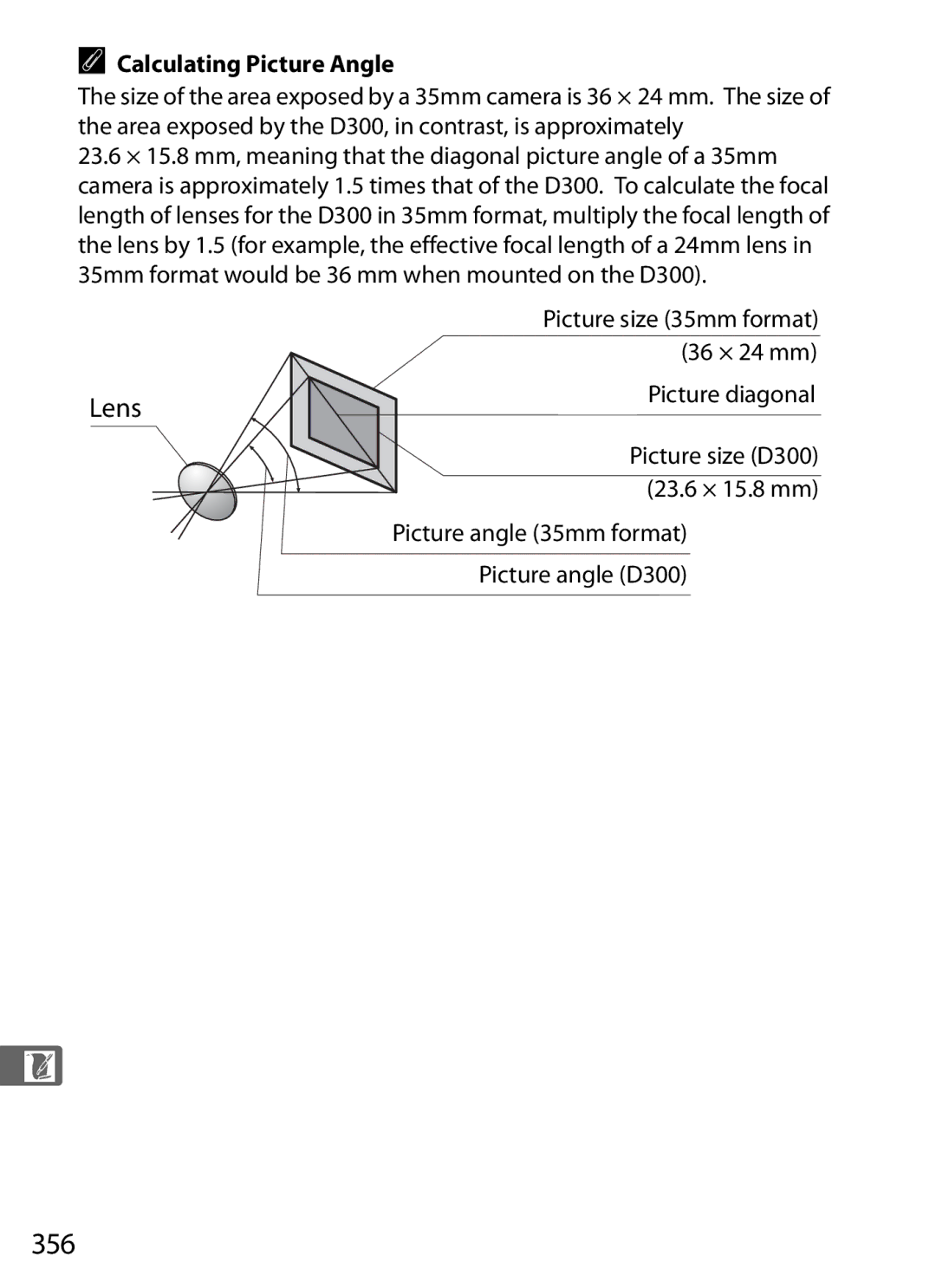 Nikon D300BODY, D300OUTFIT, 920162 356, Lens, Calculating Picture Angle, Picture angle 35mm format Picture angle D300 