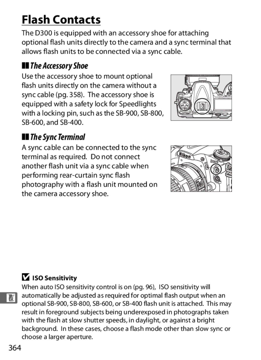 Nikon D300OUTFIT, D300BODY, 920162 user manual Flash Contacts, Accessory Shoe, Sync Terminal, 364 