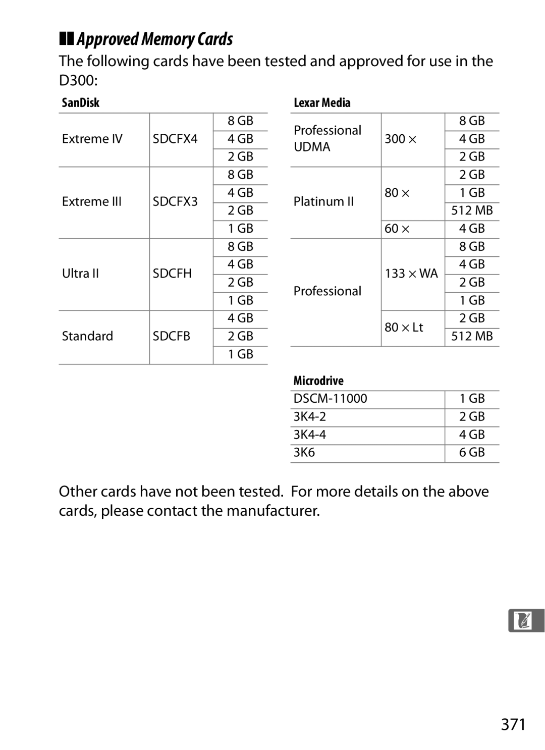 Nikon D300BODY, D300OUTFIT, 920162 user manual Approved Memory Cards, 371, SanDisk, Lexar Media, Microdrive 