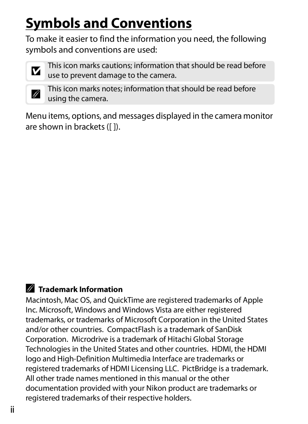 Nikon D300BODY, D300OUTFIT, 920162 user manual Symbols and Conventions, Trademark Information 