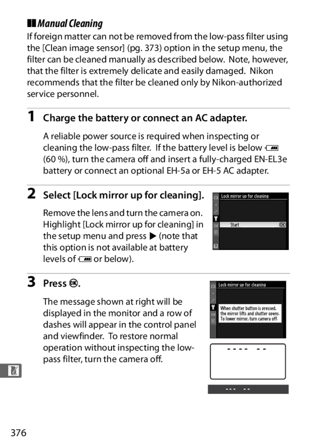 Nikon D300OUTFIT Manual Cleaning, Charge the battery or connect an AC adapter, Select Lock mirror up for cleaning, 376 