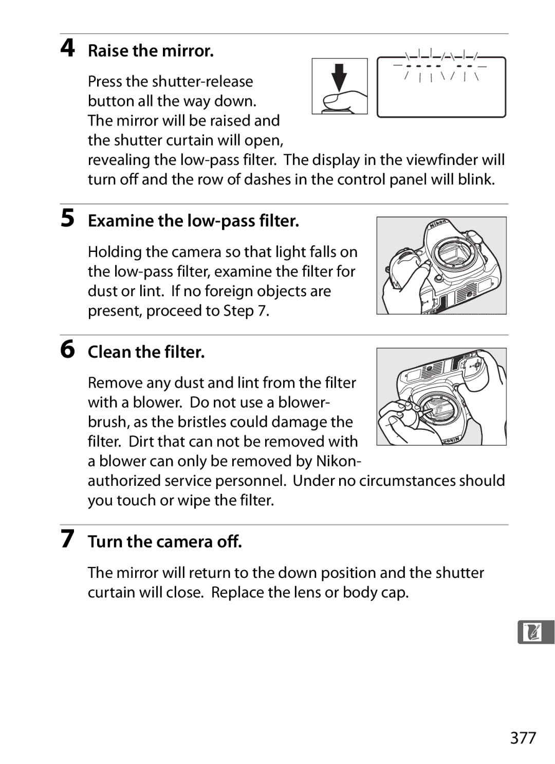 Nikon D300BODY Examine the low-pass filter, Clean the filter, 377, Mirror will be raised and the shutter curtain will open 