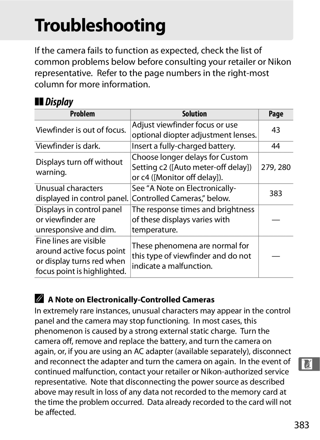 Nikon D300BODY, D300OUTFIT, 920162 user manual Troubleshooting, Display, 383, Problem Solution 