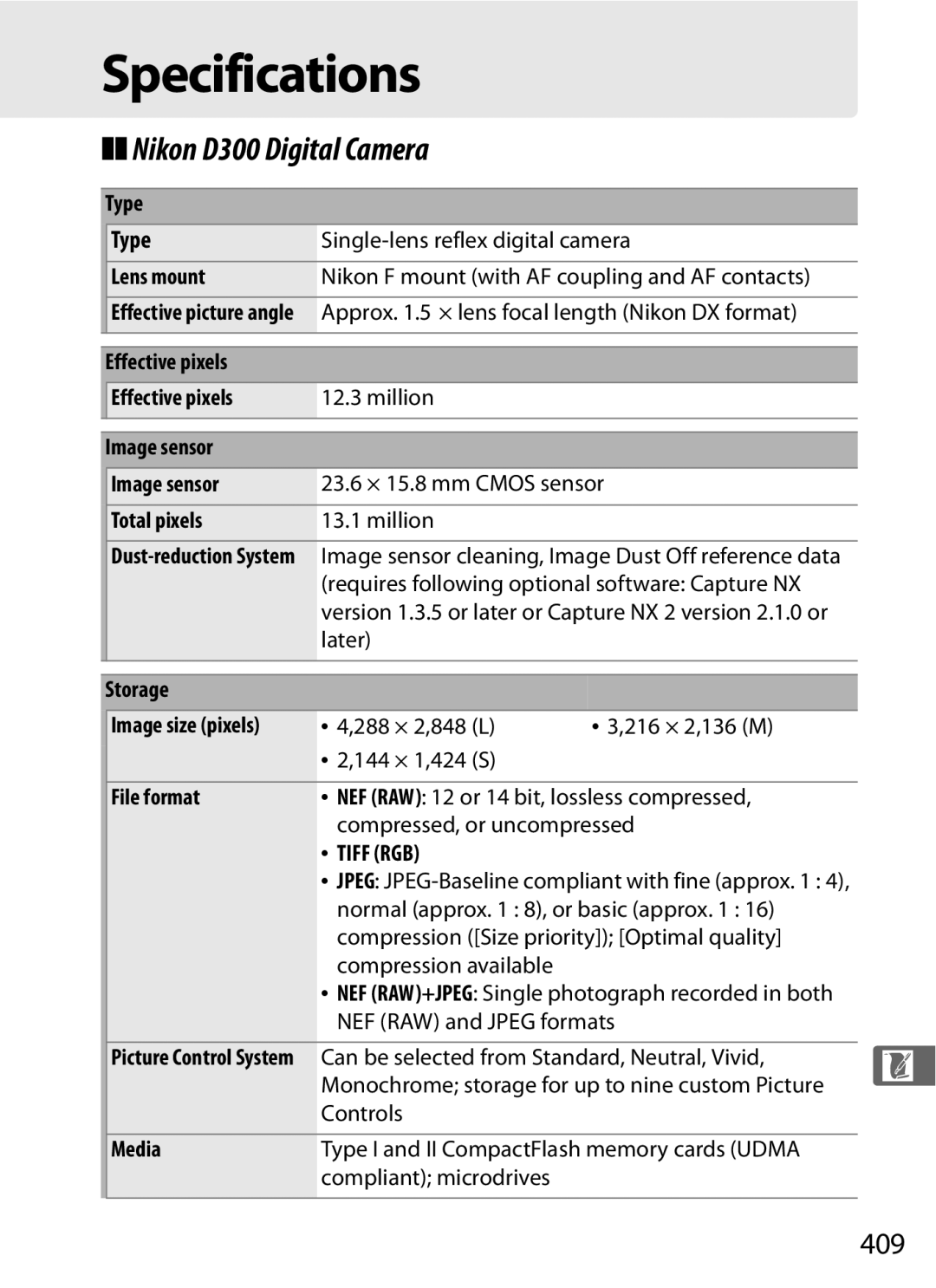 Nikon D300OUTFIT, D300BODY, 920162 user manual Specifications, Nikon D300 Digital Camera, 409, Type 