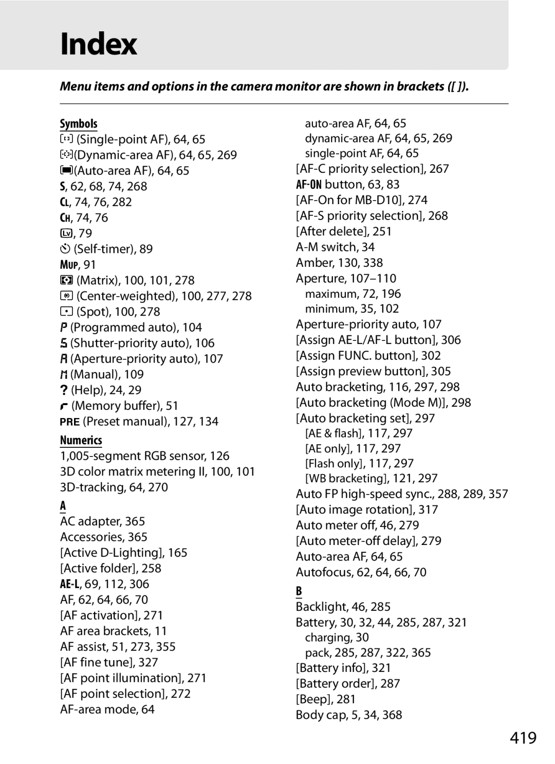 Nikon D300BODY, D300OUTFIT, 920162 user manual 419, Symbols, Numerics 