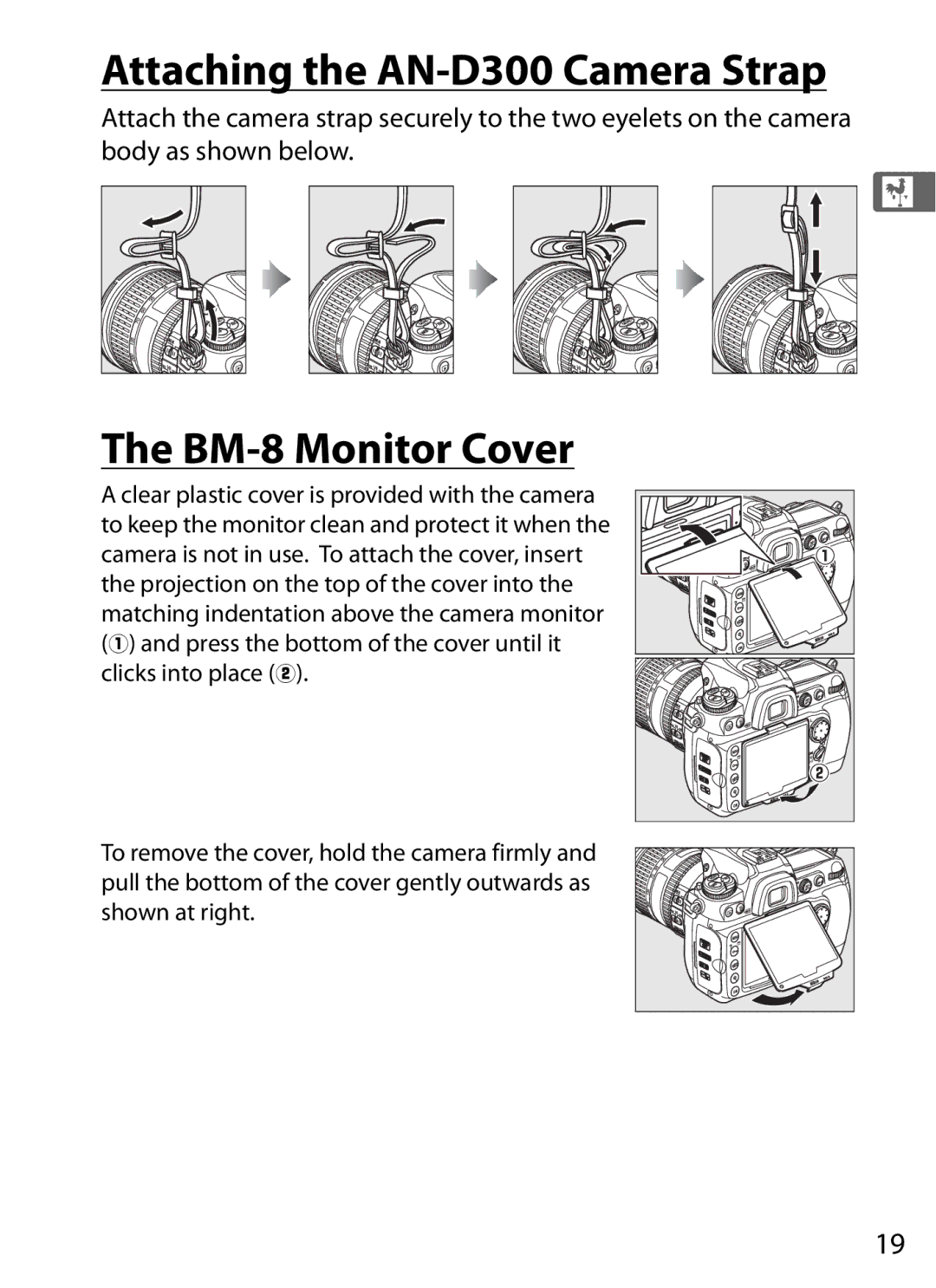 Nikon D300OUTFIT, D300BODY, 920162 user manual Attaching the AN-D300 Camera Strap, BM-8 Monitor Cover 