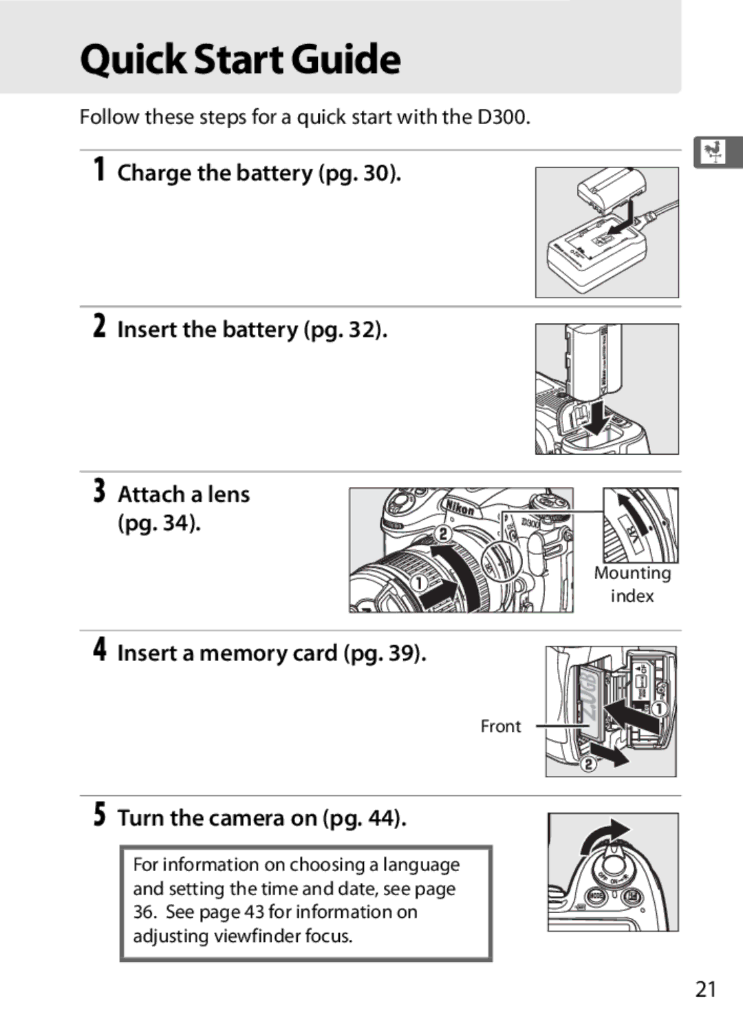 Nikon 920162, D300OUTFIT, D300BODY Quick Start Guide, Charge the battery pg Insert the battery pg, Insert a memory card pg 