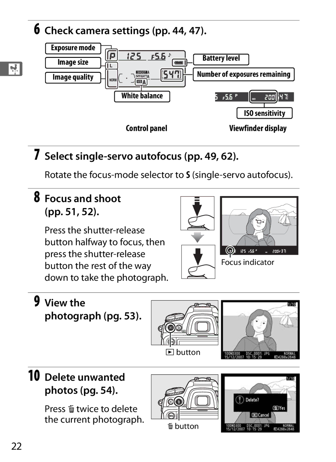 Nikon D300OUTFIT Check camera settings pp, Select single-servo autofocus pp, Press Otwice to delete the current photograph 