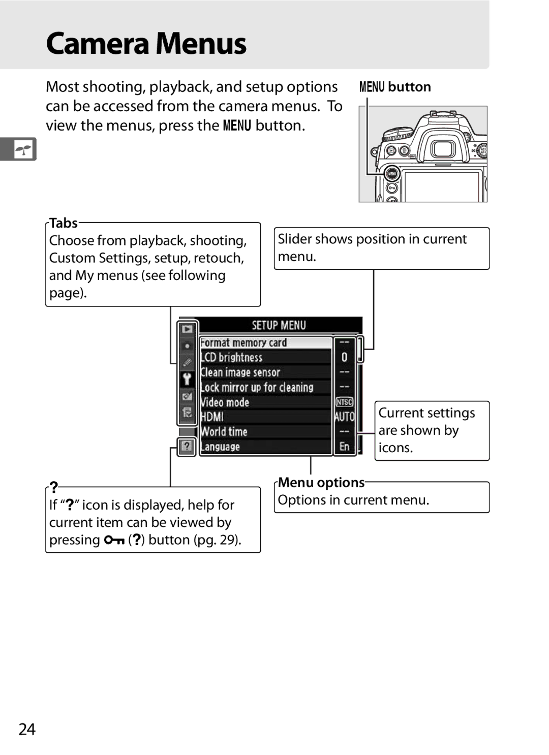 Nikon 920162, D300OUTFIT, D300BODY user manual Camera Menus, Tabs, Menu options, Options in current menu 