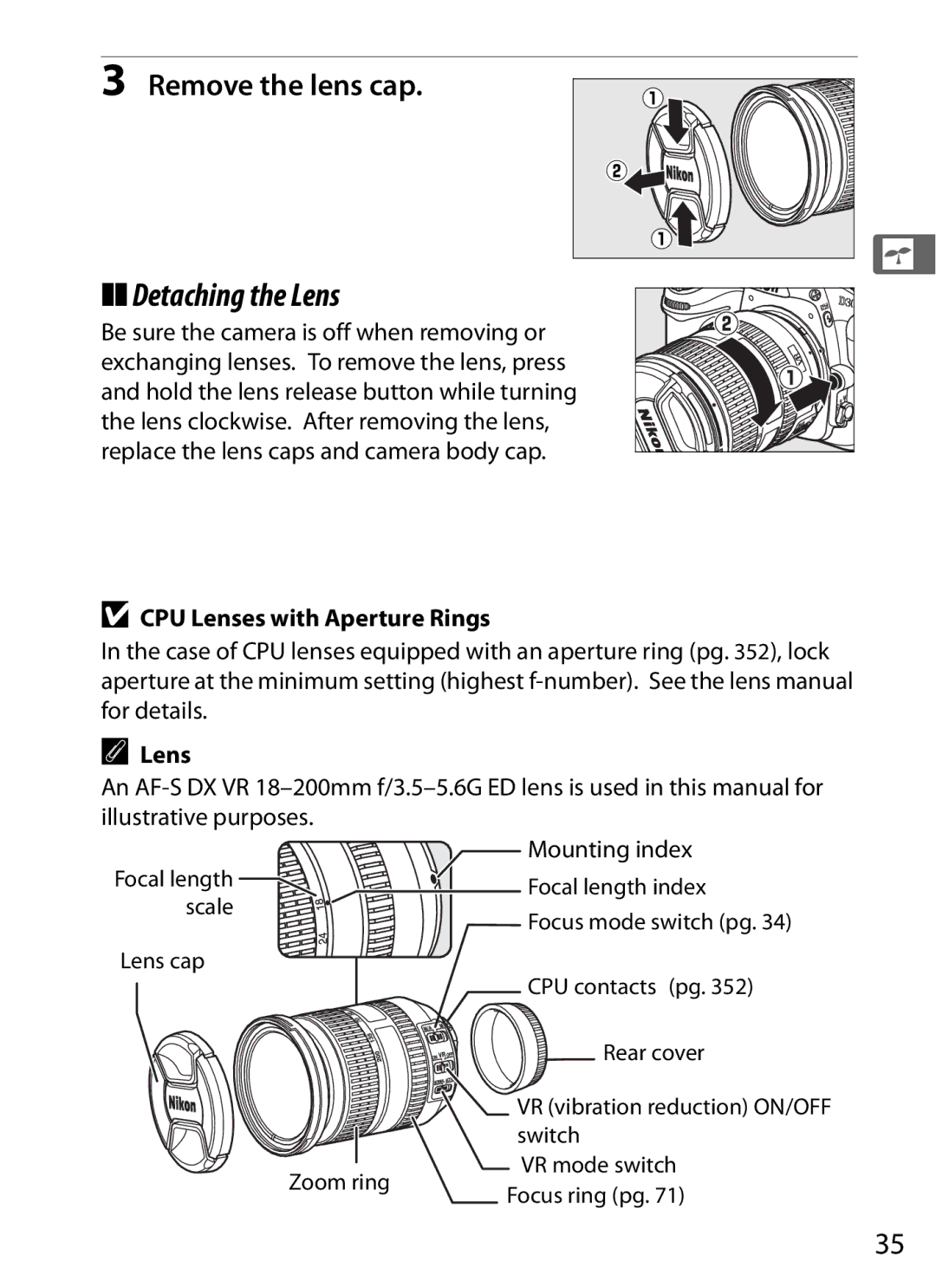 Nikon D300BODY, D300OUTFIT, 920162 Detaching the Lens, Remove the lens cap, CPU Lenses with Aperture Rings, Mounting index 