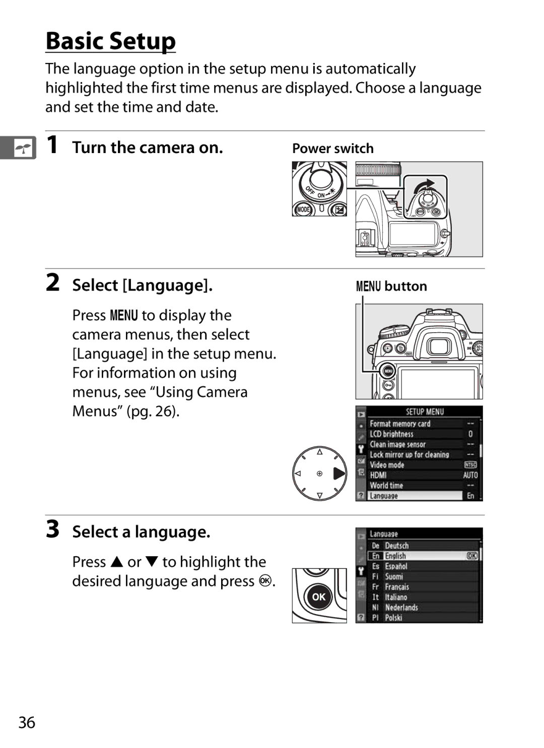 Nikon 920162, D300OUTFIT, D300BODY user manual Basic Setup, Turn the camera on, Select Language, Select a language 