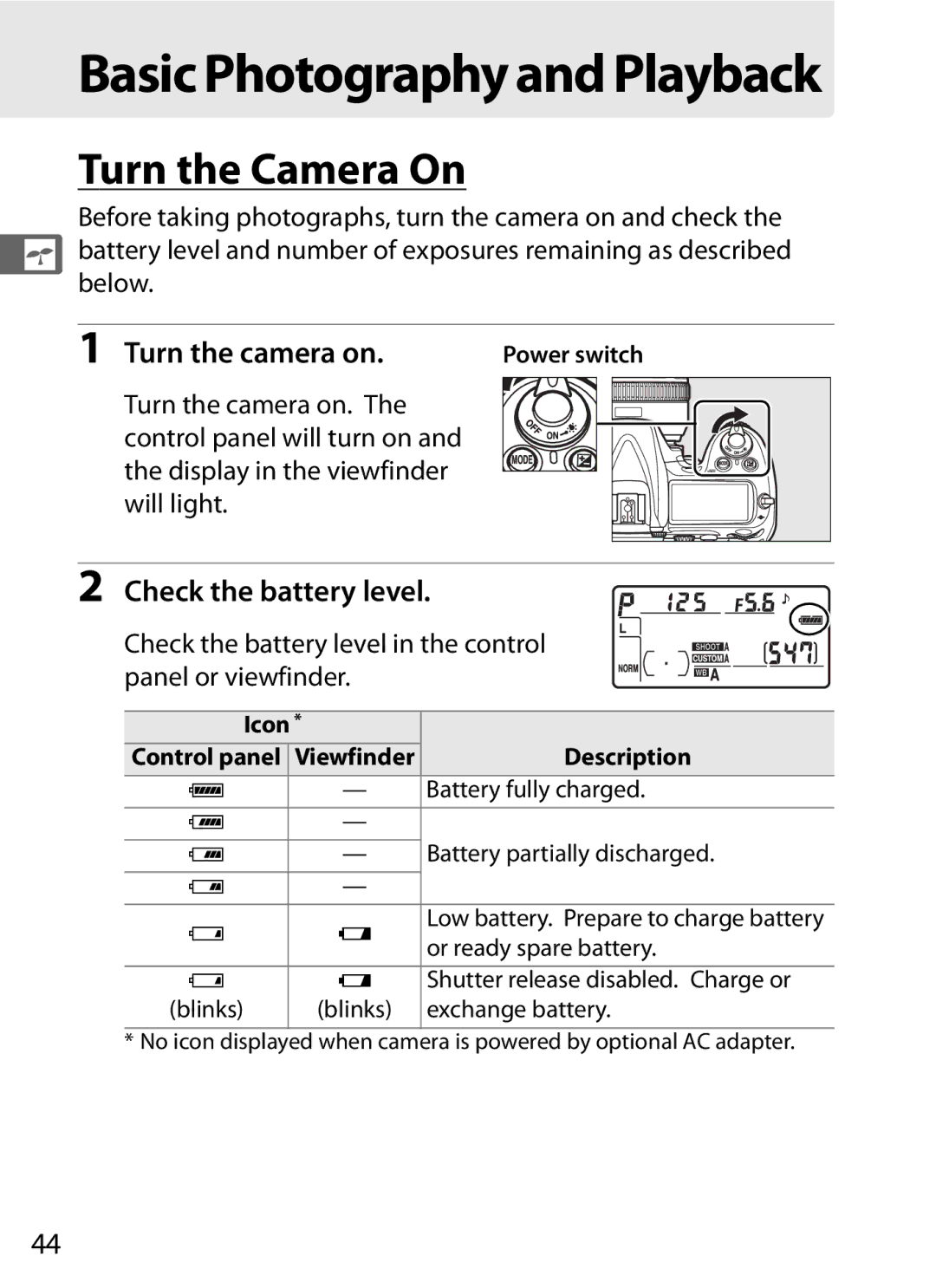 Nikon D300BODY, D300OUTFIT, 920162 user manual Turn the Camera On, Check the battery level, Below 