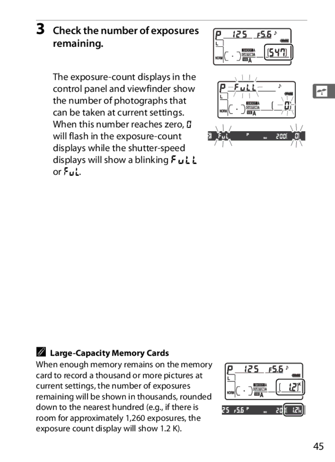 Nikon 920162, D300OUTFIT, D300BODY user manual Check the number of exposures remaining, Large-Capacity Memory Cards 