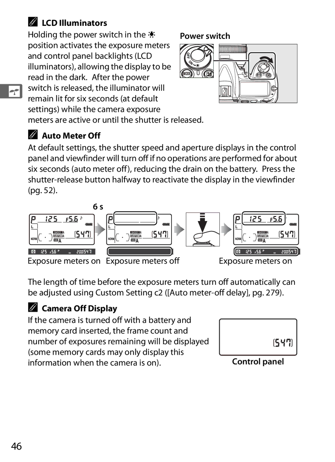 Nikon D300OUTFIT, D300BODY, 920162 user manual LCD Illuminators, Auto Meter Off, Camera Off Display 