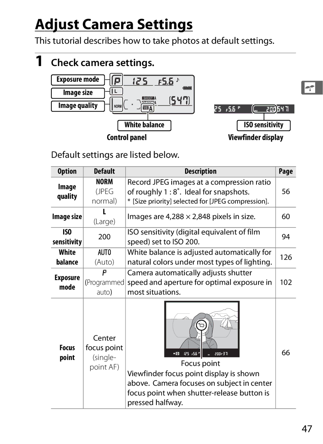 Nikon D300BODY, D300OUTFIT, 920162 Adjust Camera Settings, Check camera settings, Default settings are listed below 