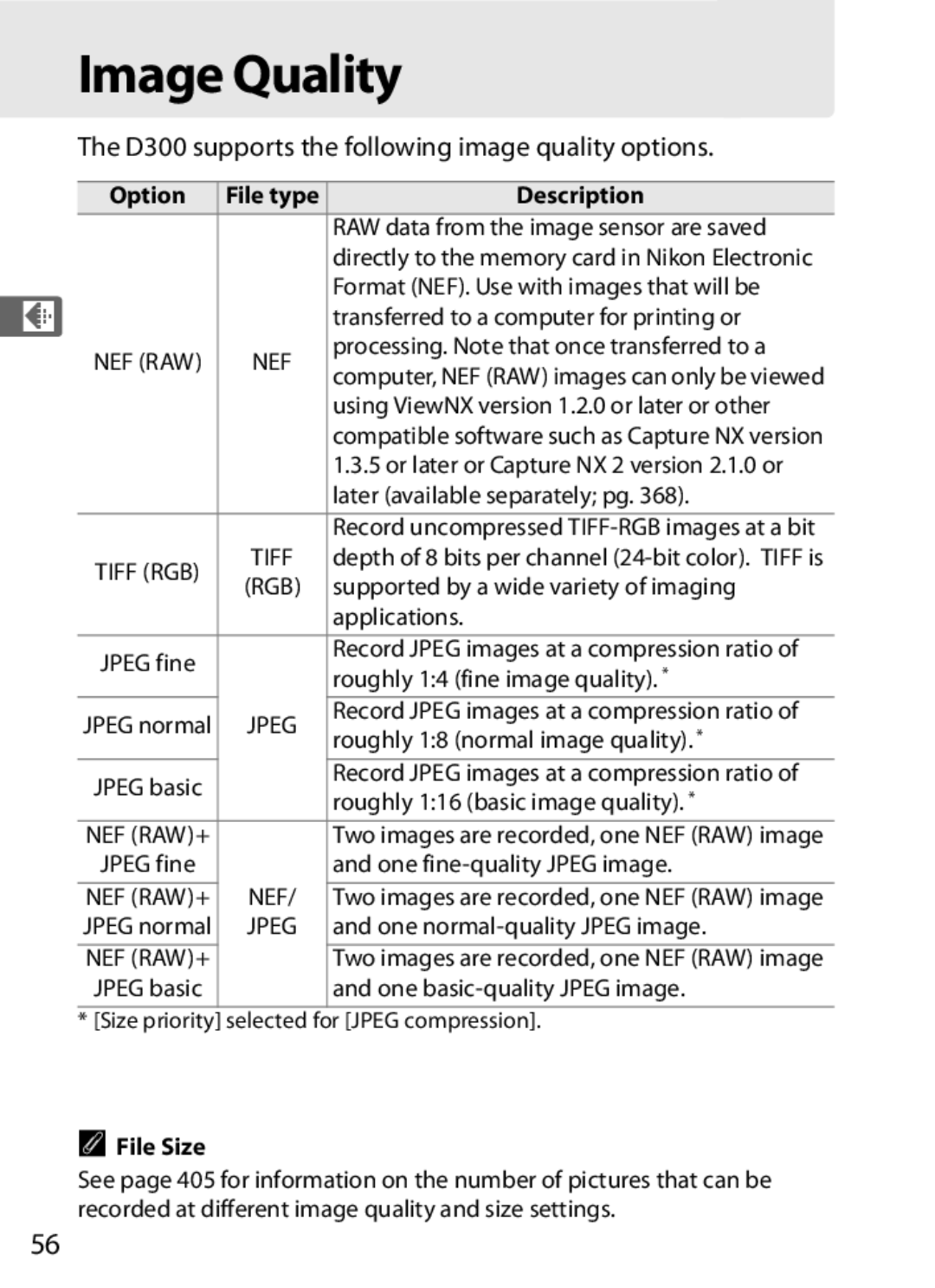 Nikon D300BODY Image Quality, D300 supports the following image quality options, Option File type Description, File Size 