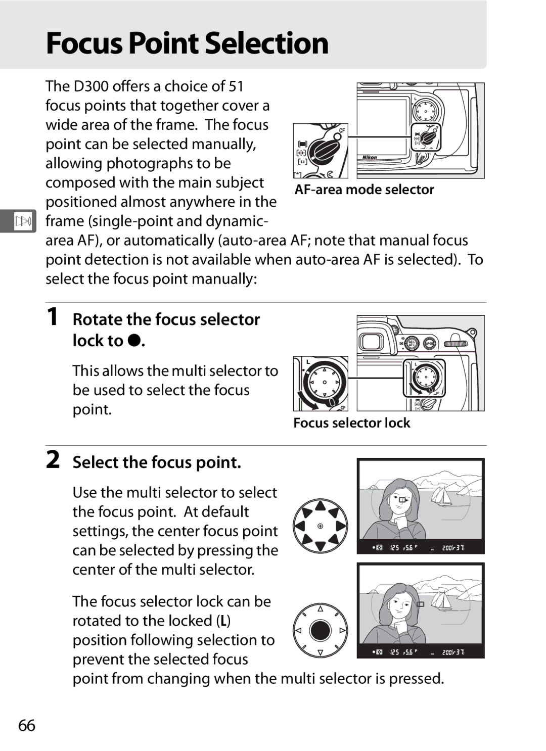 Nikon 920162 Focus Point Selection, Rotate the focus selector lock to, Select the focus point, Focus selector lock 