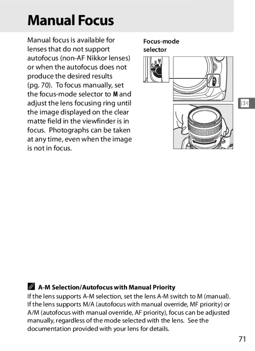 Nikon D300BODY, D300OUTFIT, 920162 user manual Manual Focus, M Selection/Autofocus with Manual Priority 