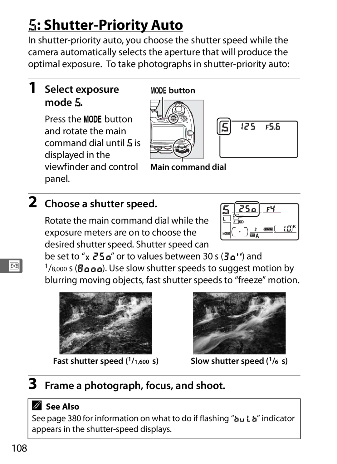 Nikon D300s, D300S (Body Only) user manual Shutter-Priority Auto, Choose a shutter speed, 108, Select exposure mode f 