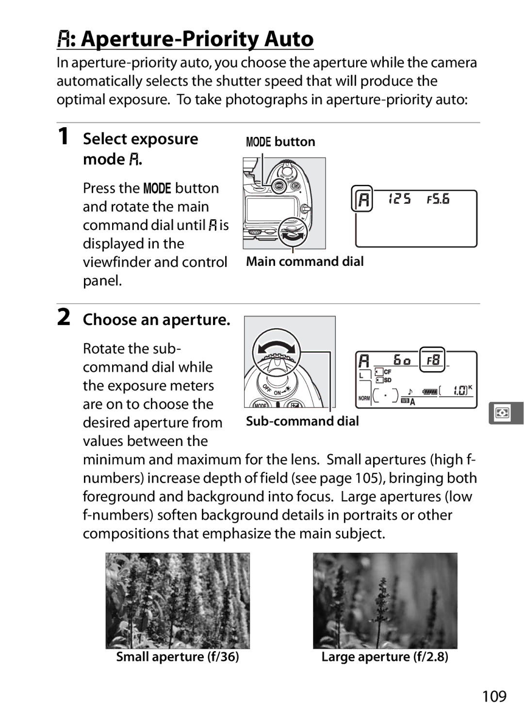 Nikon D300S (Body Only), D300s user manual Aperture-Priority Auto, Select exposure, Mode g, Choose an aperture, 109 