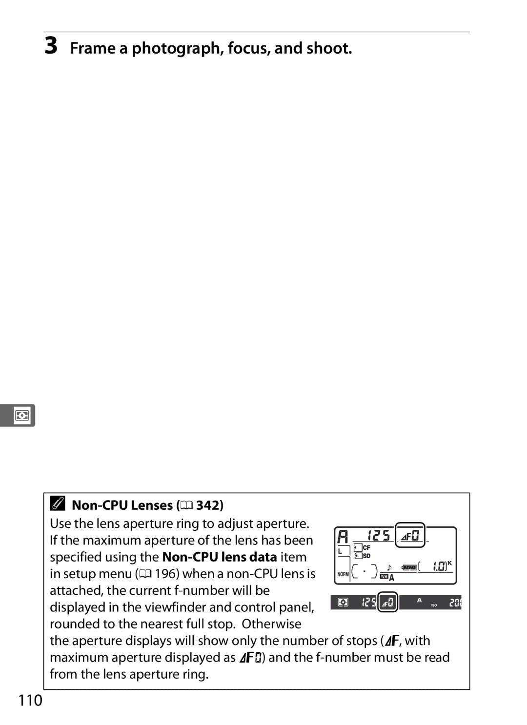 Nikon D300s, D300S (Body Only) user manual 110, Non-CPU Lenses 0, Use the lens aperture ring to adjust aperture 