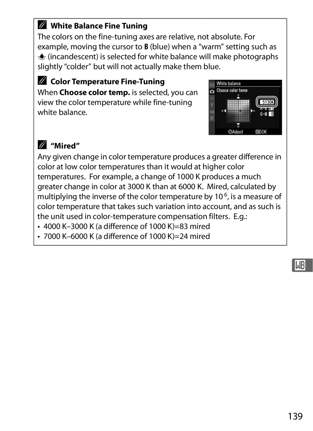 Nikon D300S (Body Only), D300s user manual 139, White Balance Fine Tuning, Color Temperature Fine-Tuning, Mired 