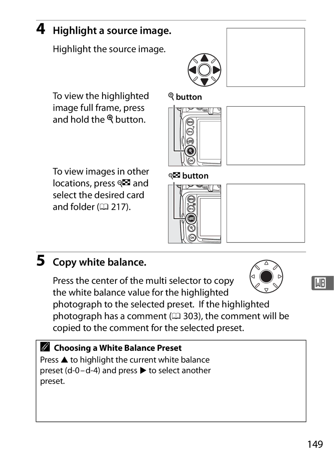 Nikon D300S (Body Only), D300s Highlight a source image, Copy white balance, 149, Choosing a White Balance Preset 