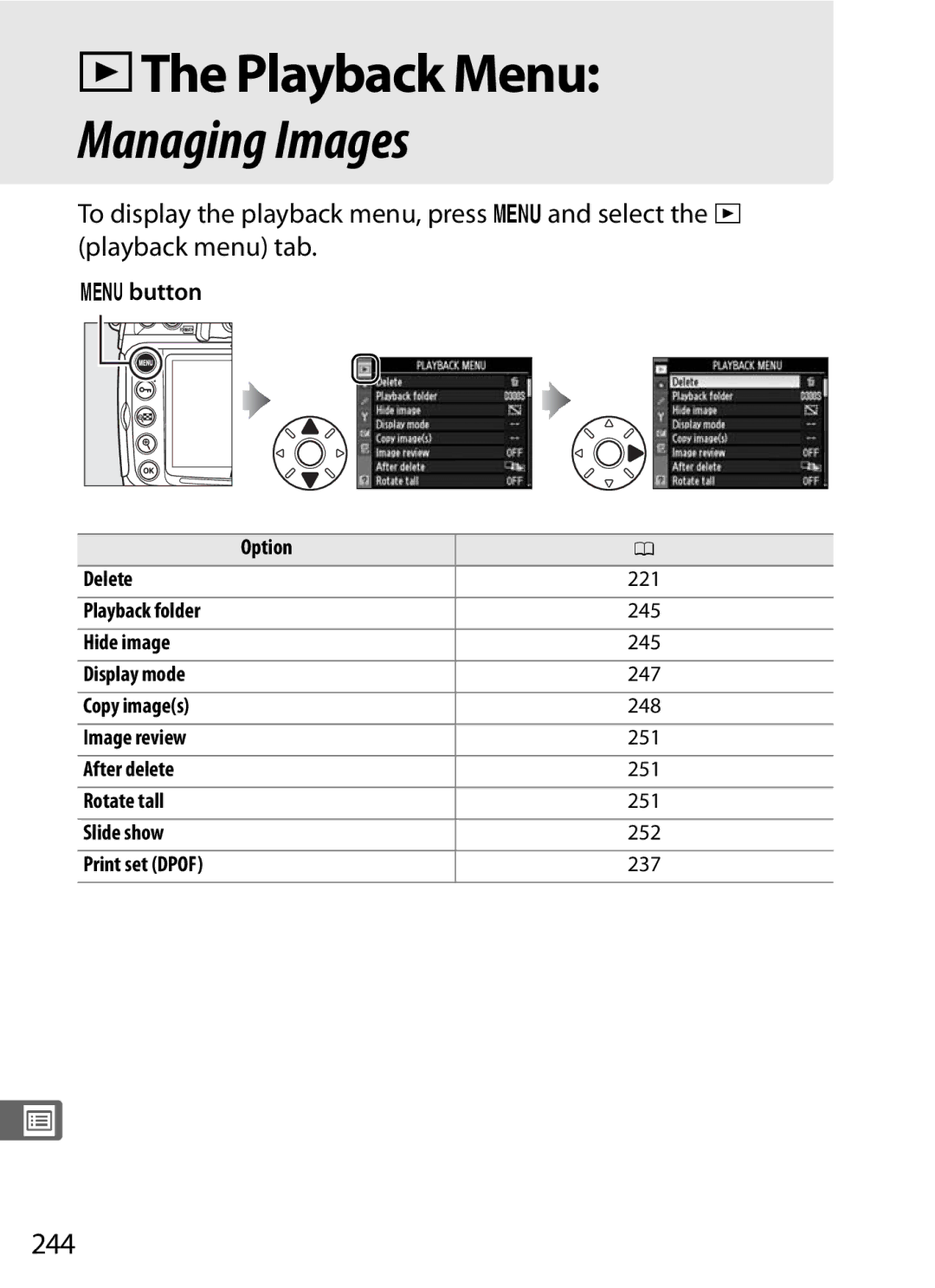 Nikon D300s, D300S (Body Only) user manual DThe Playback Menu, 244 