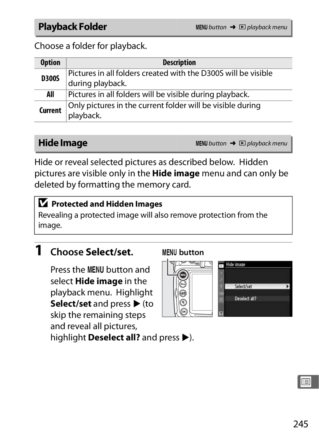 Nikon D300S (Body Only), D300s user manual Playback Folder, Hide Image, Choose Select/set. Gbutton, 245 