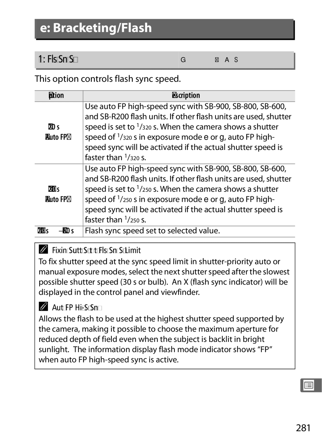 Nikon D300S (Body Only), D300s E1 Flash Sync Speed, 281, This option controls flash sync speed, Auto FP High-Speed Sync 