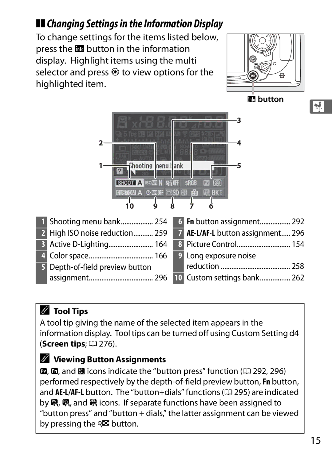 Nikon D300S (Body Only) Changing Settings in the Information Display, Rbutton, Tool Tips, Viewing Button Assignments 