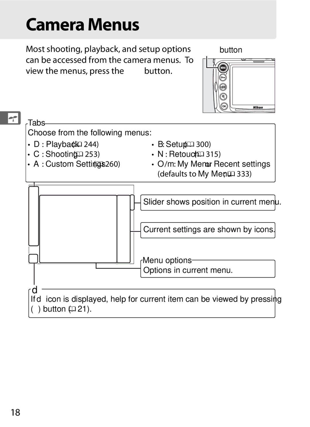 Nikon D300s, D300S (Body Only) user manual Camera Menus, Playback 0, Setup 0, Shooting 0 Retouch 0, Defaults to My Menu 0 