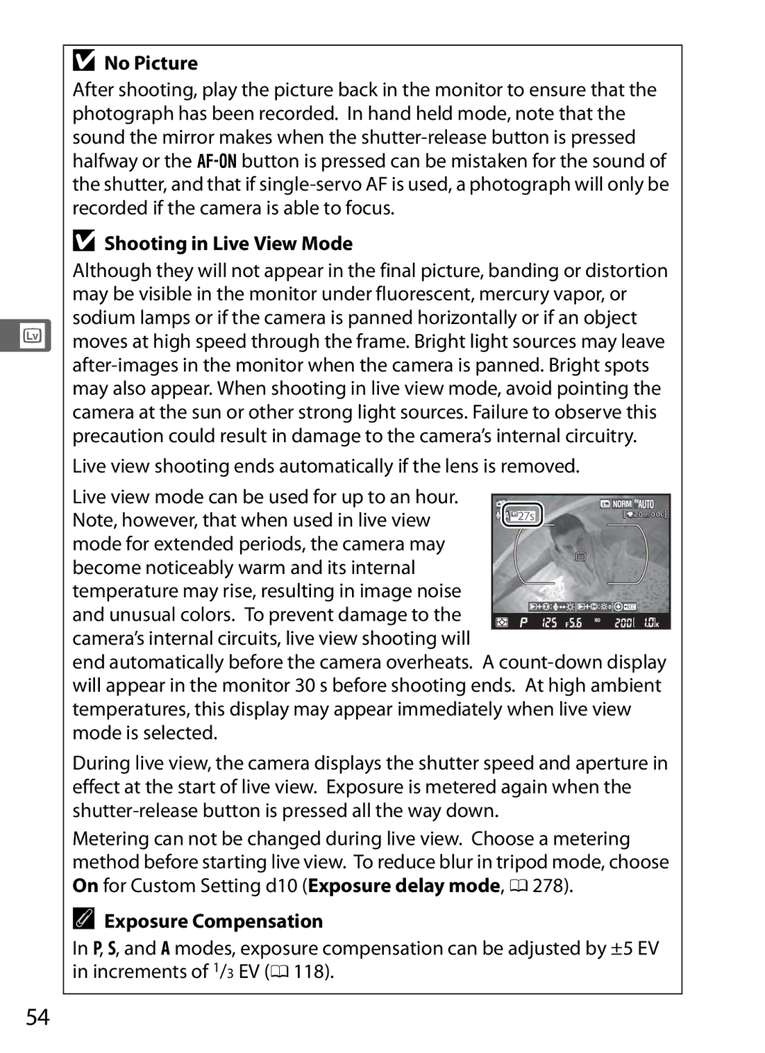 Nikon D300s, D300S (Body Only) user manual No Picture, Shooting in Live View Mode, Exposure Compensation 