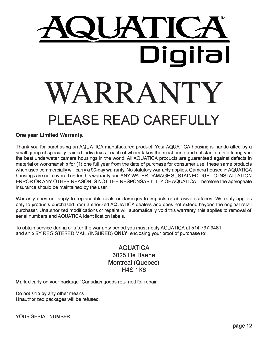 Nikon D300s manual One year Limited Warranty, Please Read Carefully, AQUATICA 3025 De Baene Montreal Quebec H4S 1K8, page 