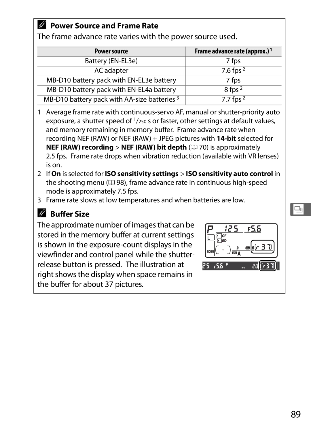 Nikon D300s Power Source and Frame Rate, Frame advance rate varies with the power source used, Buffer Size, Power source 