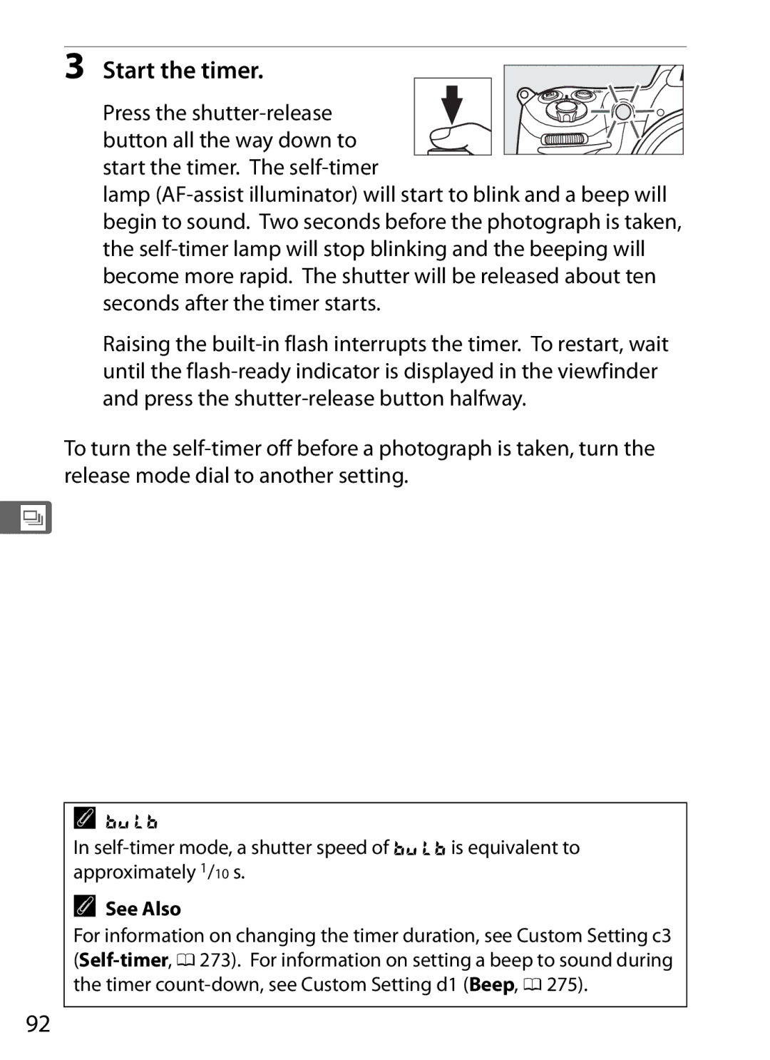 Nikon D300s manual Start the timer, Timer count-down, see Custom Setting d1 Beep, 0 