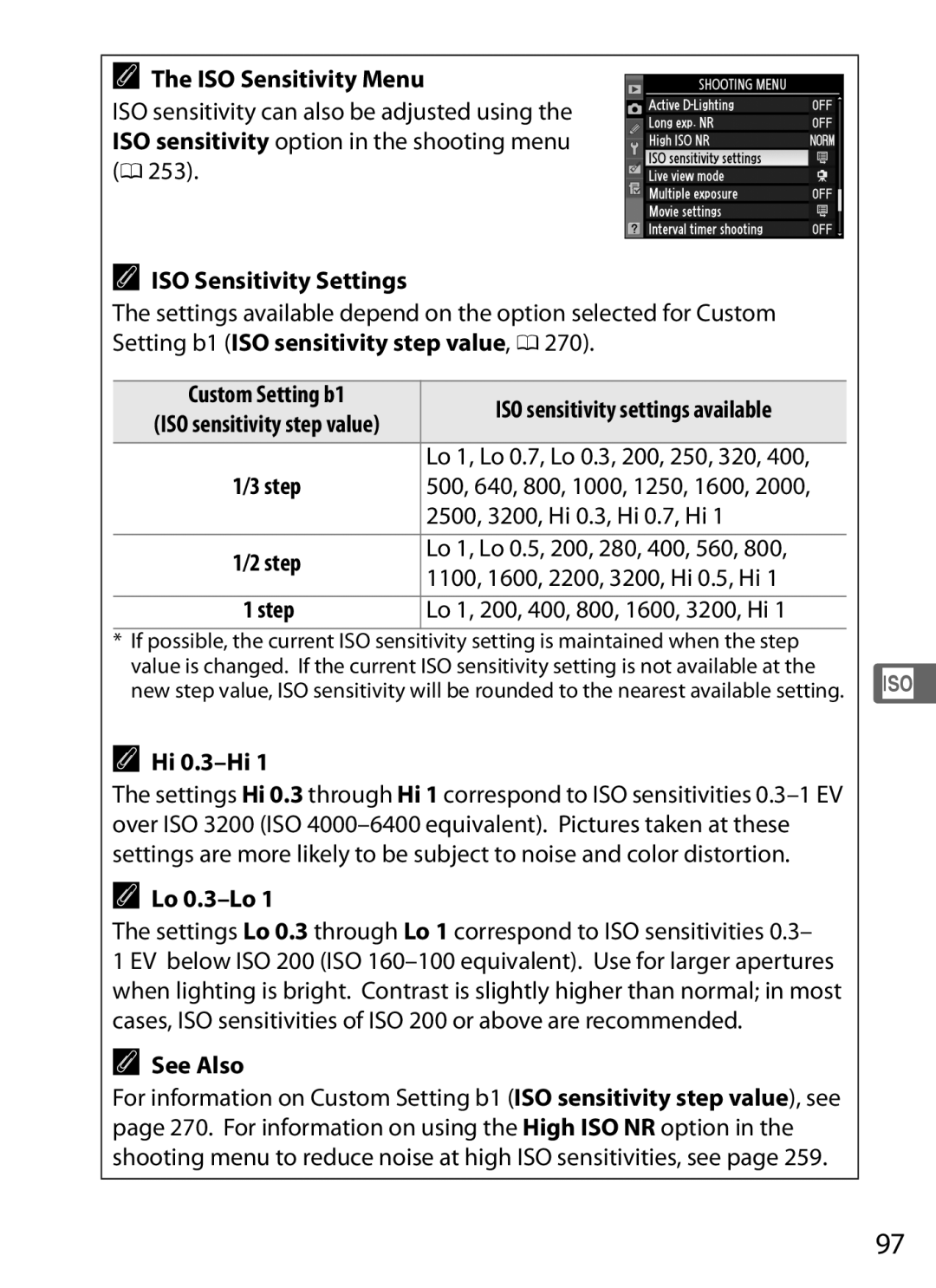 Nikon D300s ISO Sensitivity Menu, ISO Sensitivity Settings, Custom Setting b1, 2500, 3200, Hi 0.3, Hi 0.7, Hi, Hi 0.3-Hi 