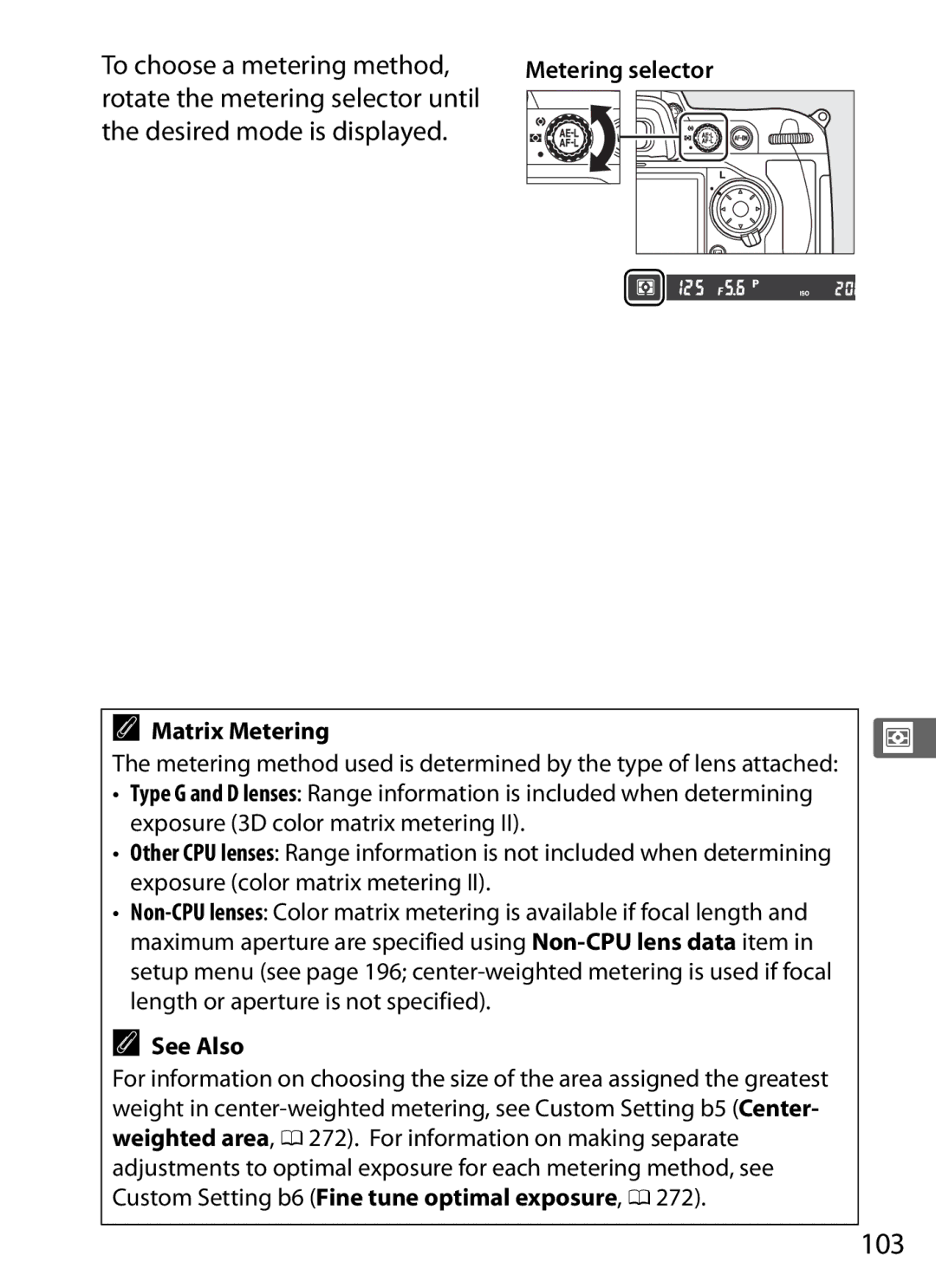 Nikon D300s manual 103, To choose a metering method, Matrix Metering 