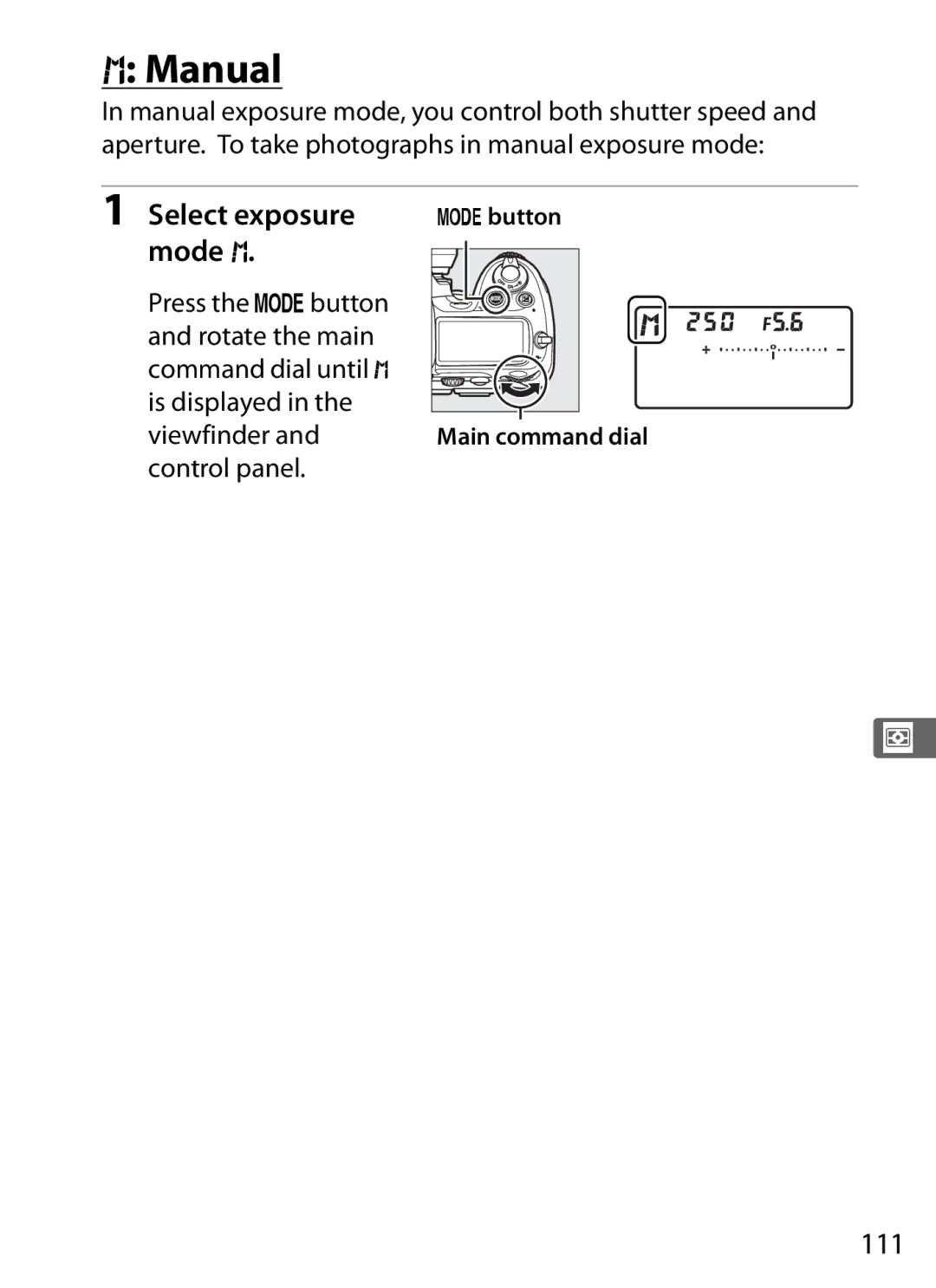 Nikon D300s manual Manual, Mode h, 111, Control panel 