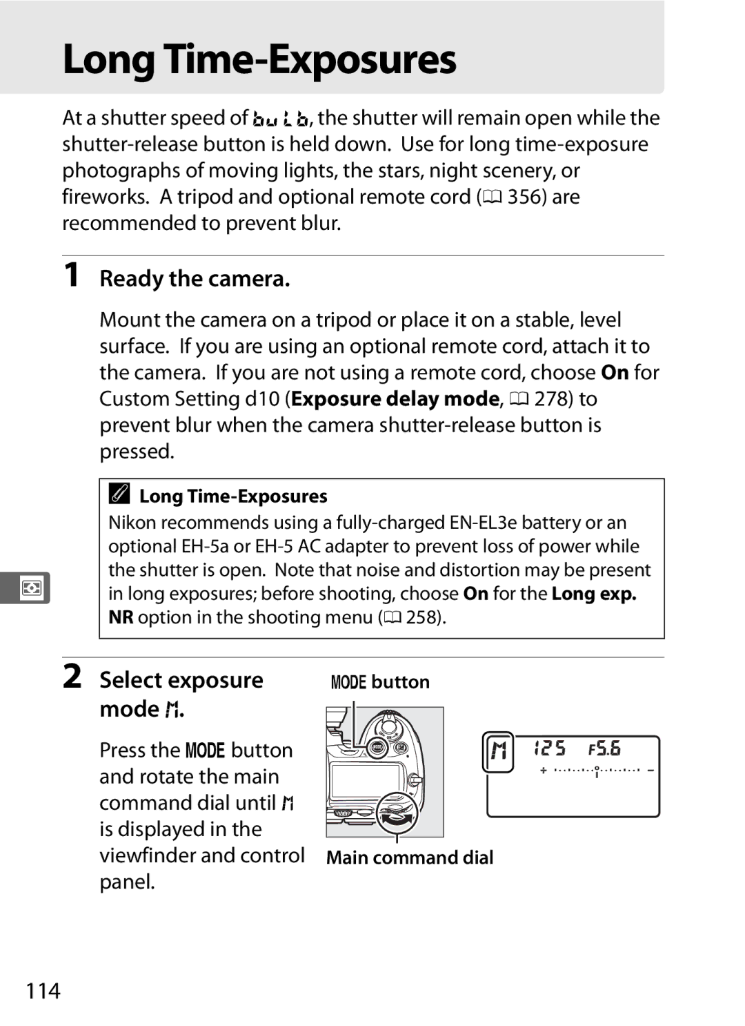 Nikon D300s manual Long Time-Exposures, Ready the camera, 114 