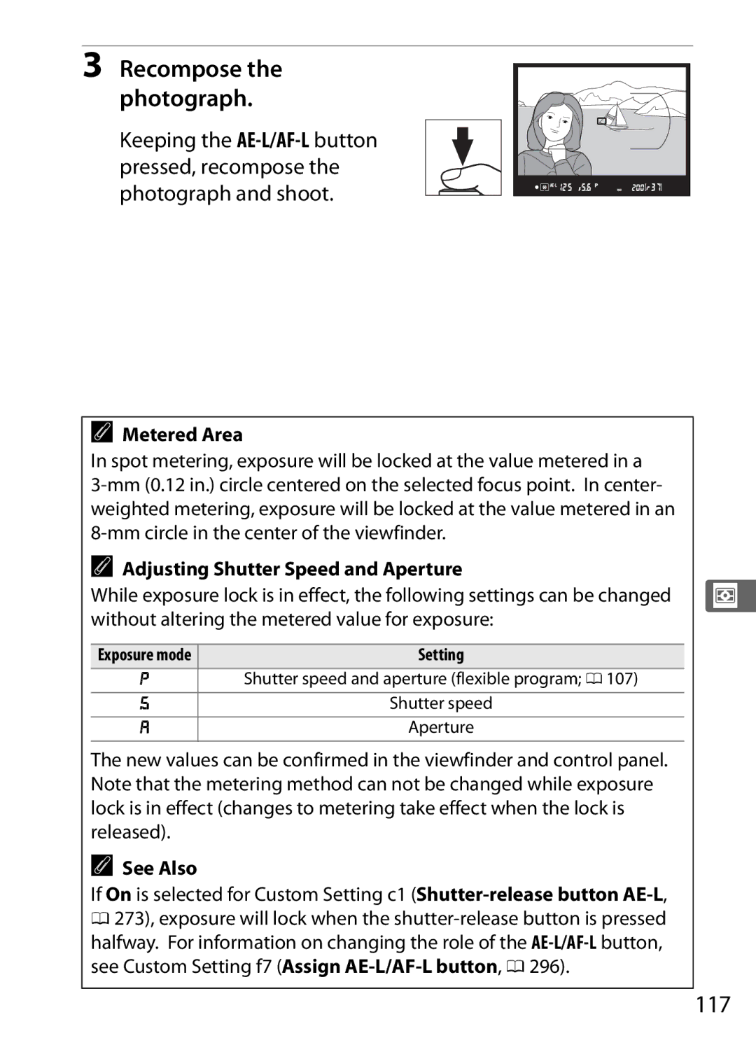 Nikon D300s manual 117, Recompose the photograph, Metered Area, Adjusting Shutter Speed and Aperture 