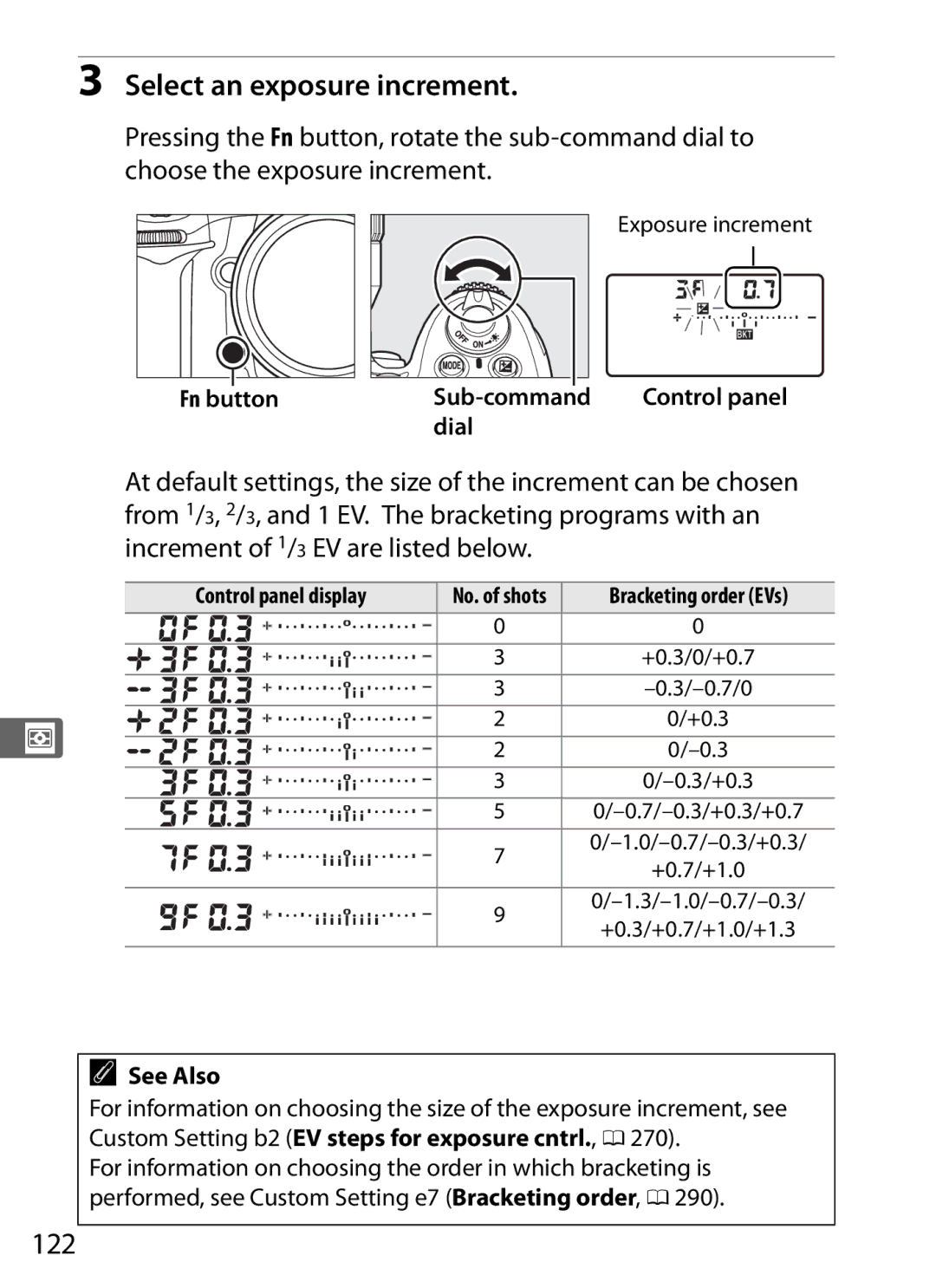 Nikon D300s manual Select an exposure increment, 122, Fn button Sub-command 