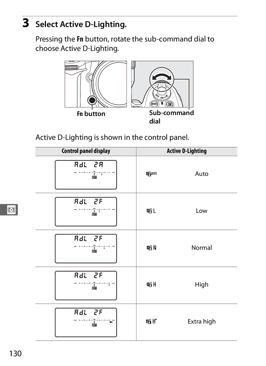 Nikon D300s manual Select Active D-Lighting, 130, Active D-Lighting is shown in the control panel, Fn button 