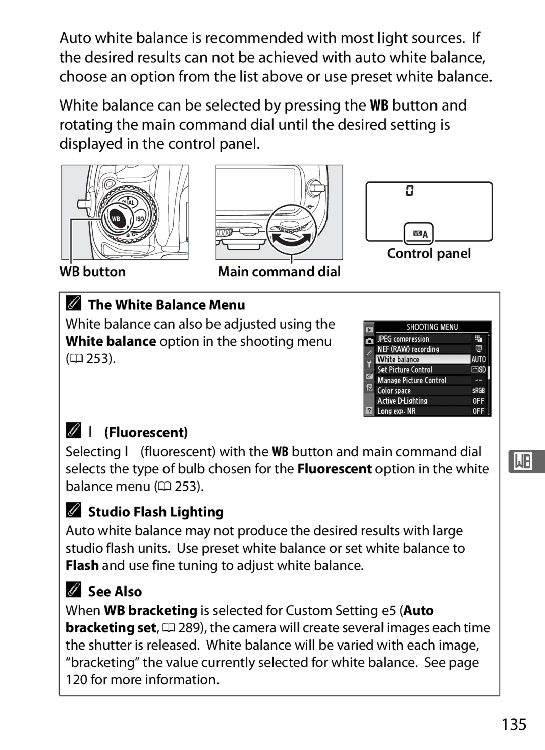 Nikon D300s manual 135, Control panel WB button, White Balance Menu, IFluorescent, Studio Flash Lighting 