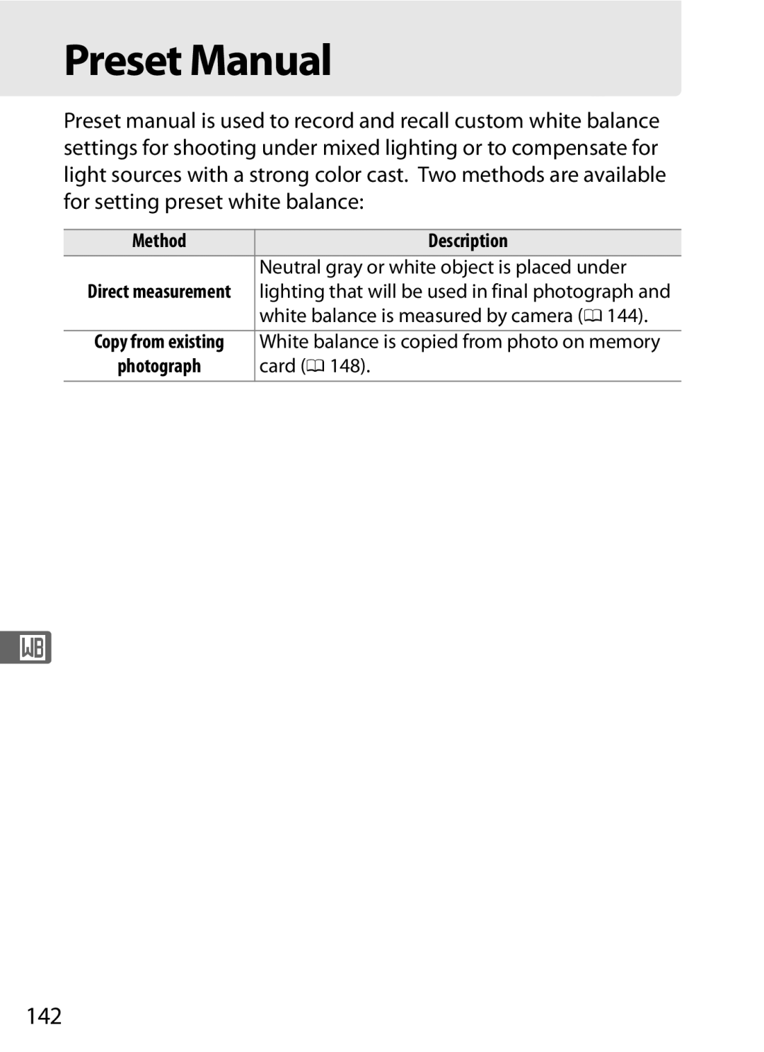 Nikon D300s manual Preset Manual, 142, Method Description, Neutral gray or white object is placed under, Card 0 