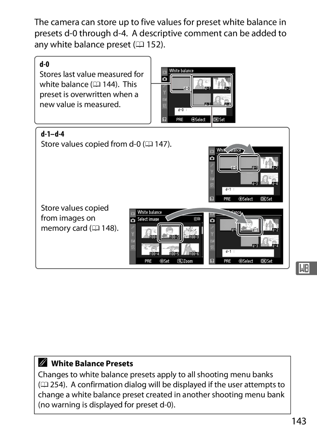 Nikon D300s manual 143, D-4, Store values copied from d-0 0, White Balance Presets 