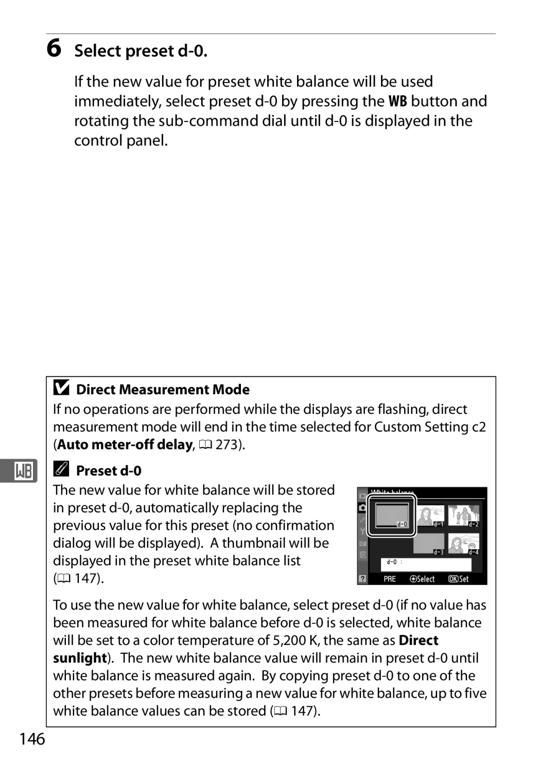 Nikon D300s manual Select preset d-0, 146, Direct Measurement Mode, Preset d-0 